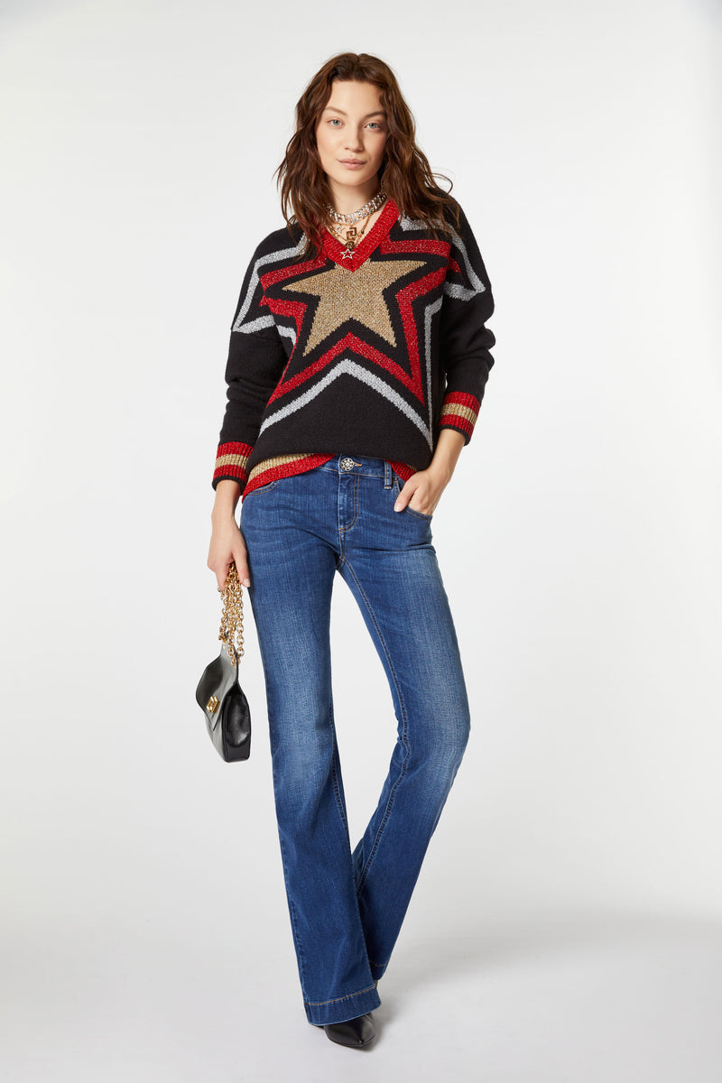 STRETCHY BELL BOTTOM JEANS WITH BEJEWELLED BUTTONS