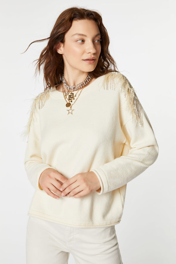 STRETCHY CROP TOP WITH FEATHER AND RHINESTONE DETAILS
