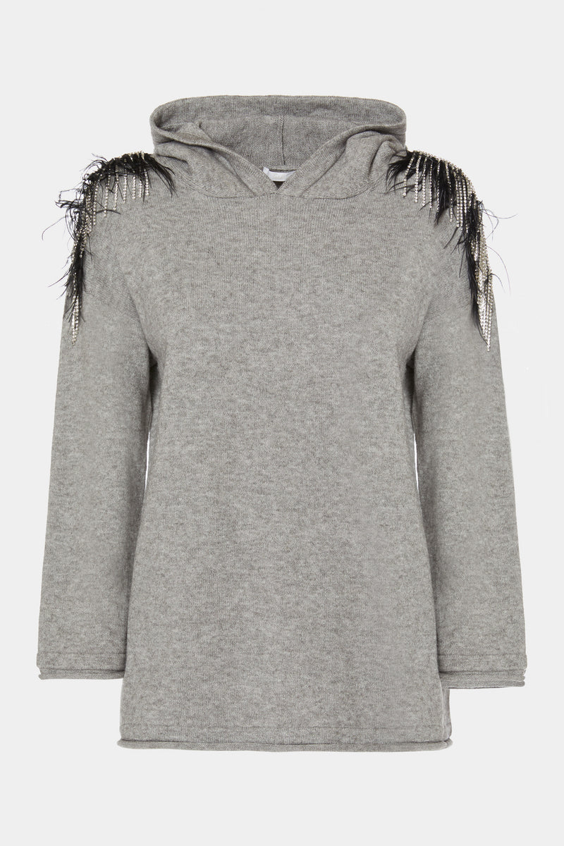 STRETCHY HOODED TOP WITH FEATHER AND RHINESTONE DETAILS