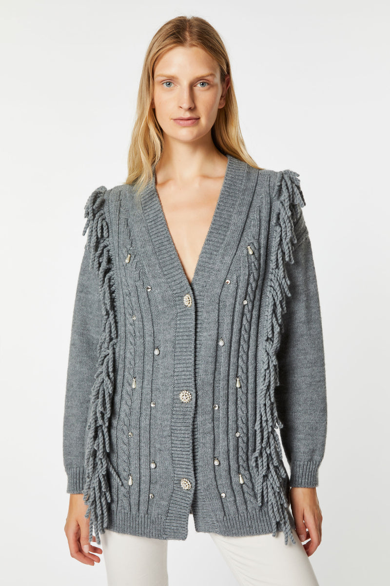 CHUNKY KNIT CARDIGAN WITH FRINGES, PEARLS AND RHINESTONES 