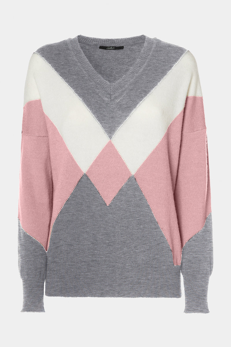 CHUNKY KNIT SWEATER WITH DEEP V NECK AND COLOR-BLOCK DETAILS