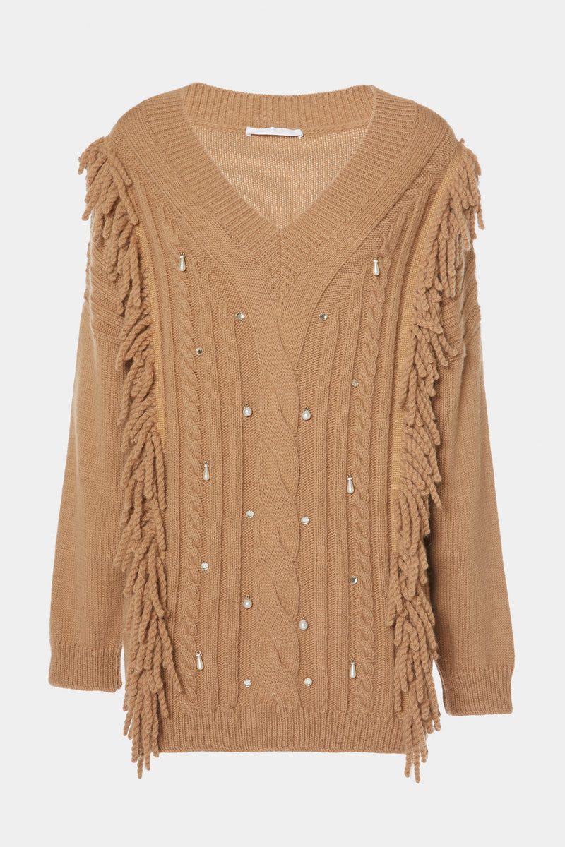 CHUNKY KNIT SWEATER WITH FRINGES, PEARLS AND RHINESTONES