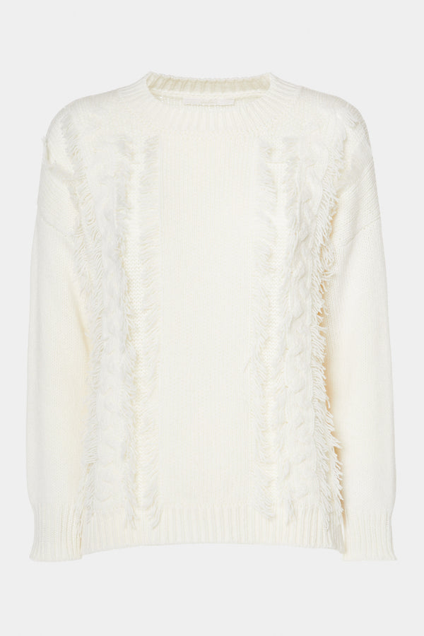 CHUNKY CASHMERE KNIT SWEATER WITH PLAITS, CUTOUTS AND FRINGES
