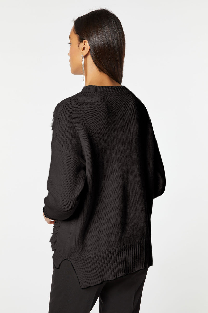 CHUNKY CASHMERE KNIT SWEATER WITH PLAITS, CUTOUTS AND FRINGES