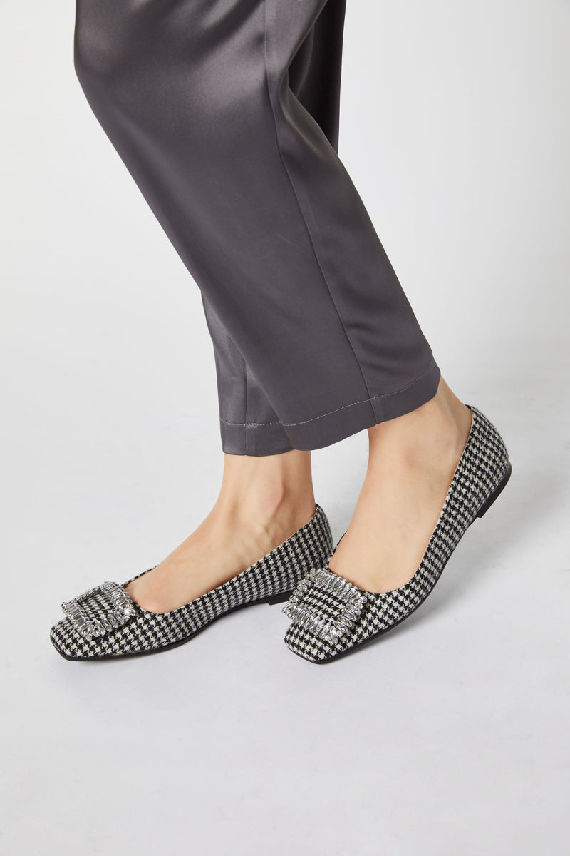 SQUARE-TOE BALLET FLATS IN A HOUNDS TOOTH PRINT WITH OVERSIZED RHINESTONE BUCKLES