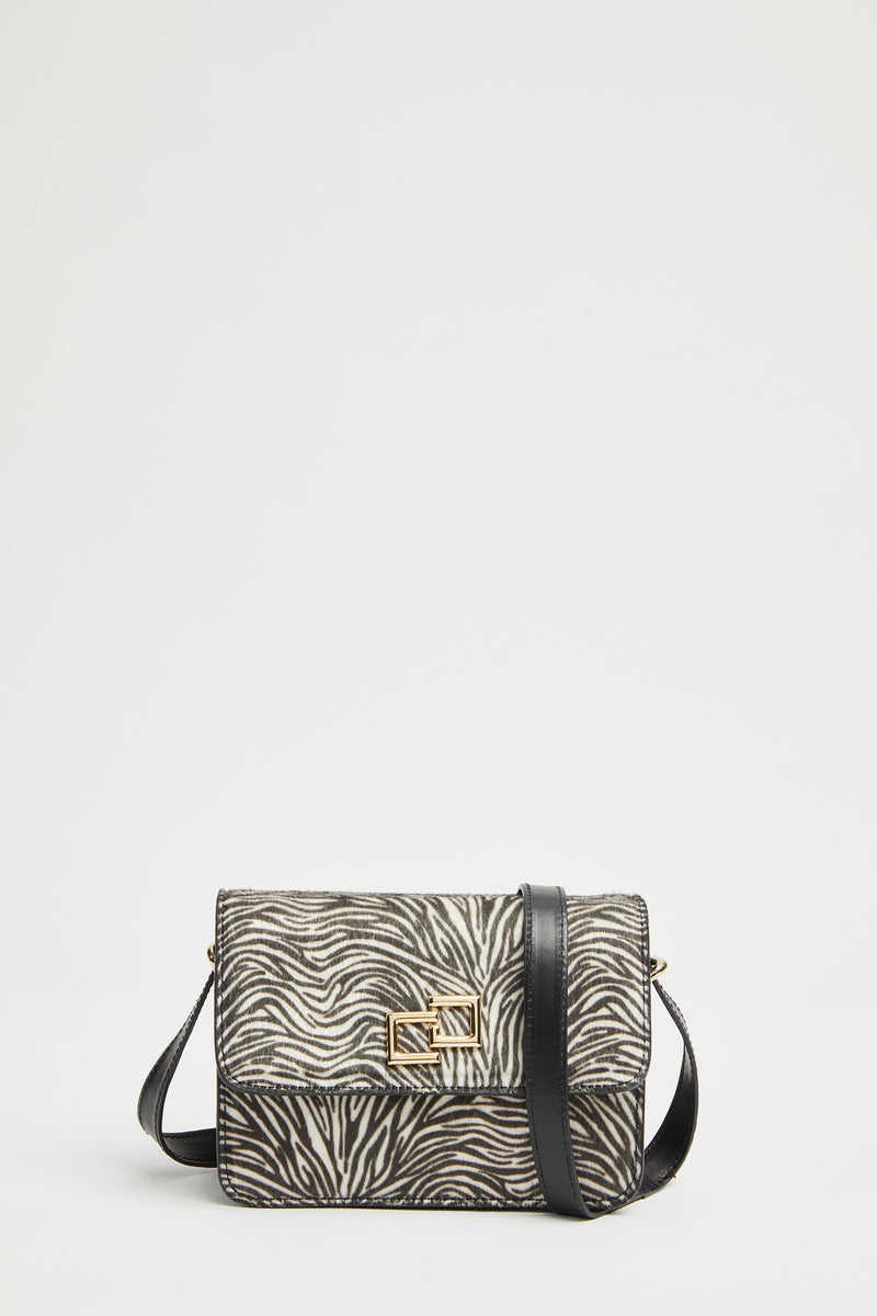 FAUX PONY SKIN CROSS BODY BAG WITH BLACK LEATHER TRIMMINGS