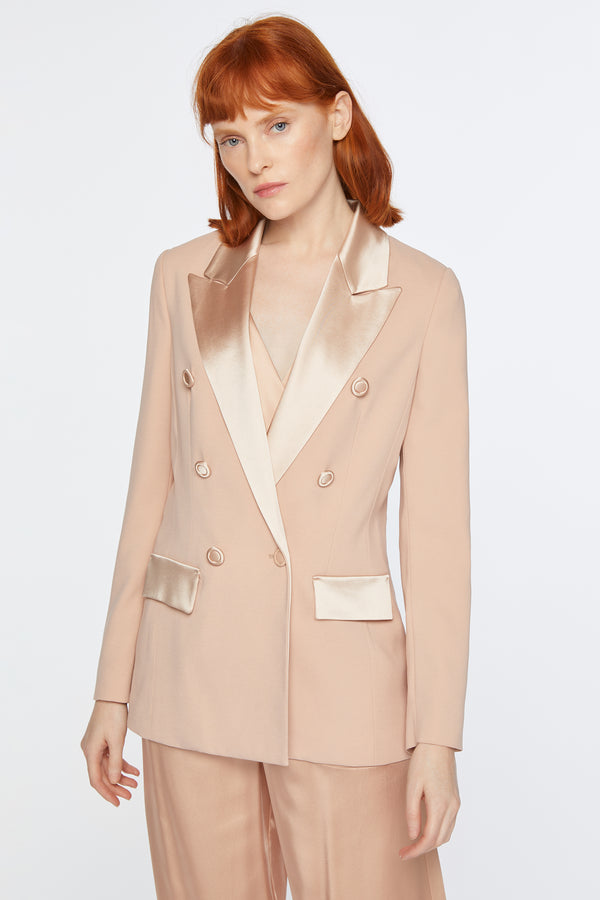 DOUBLE-BREASTED BLAZER IN VISCOSE CREPE WITH ENVERS SATIN DETAILS   