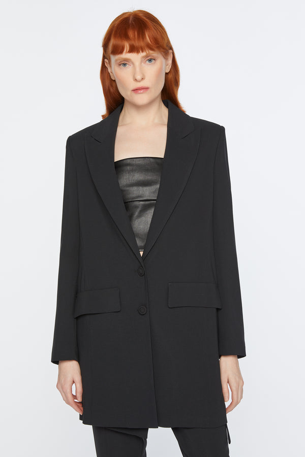 LONG JACKET IN STRETCH VISCOSE CREPE WITH SHOULDER PADS