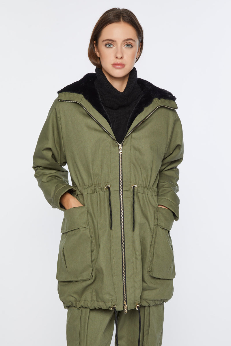HOODED COTTON COAT WITH FAUX FUR LINING