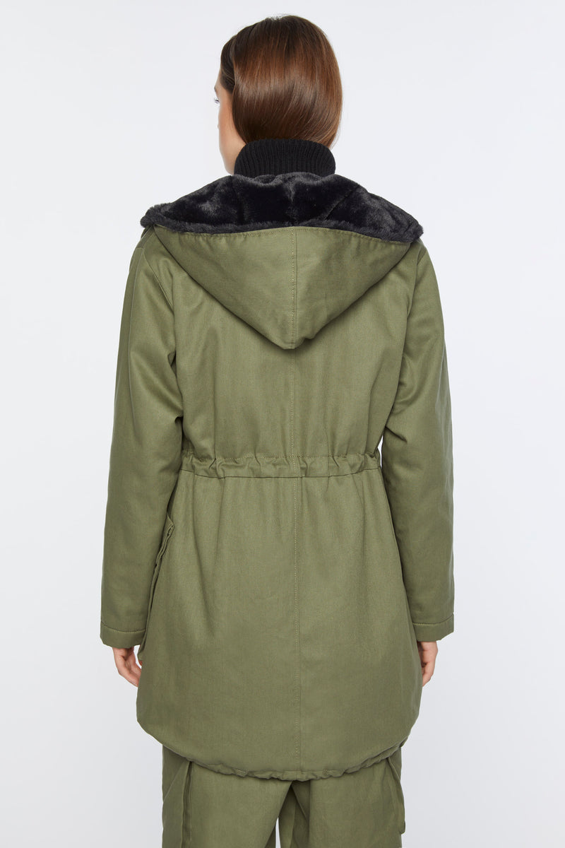 HOODED COTTON COAT WITH FAUX FUR LINING