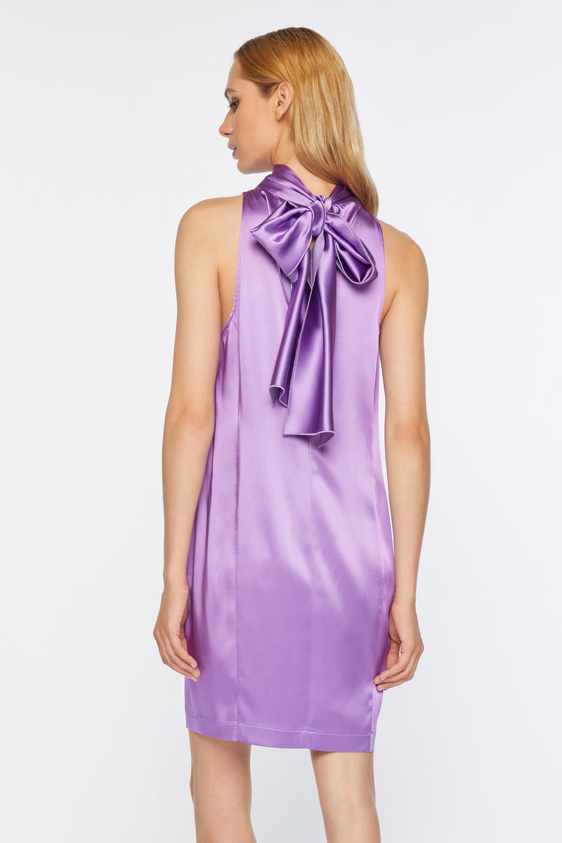 STRETCH SATIN EGG-SHAPED DRESS WITH RIBBON COLLAR