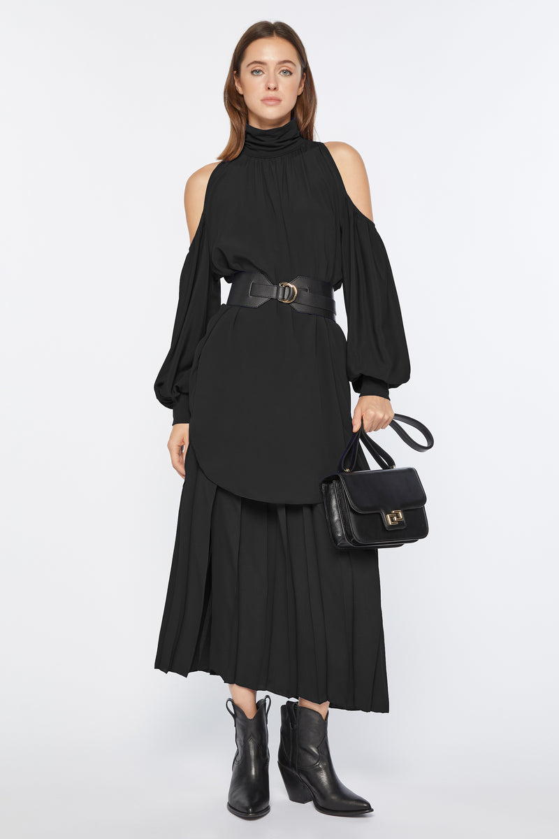 CRÊPE DE CHINE DRESS WITH CUT-OUT AND JERSEY DETAILS