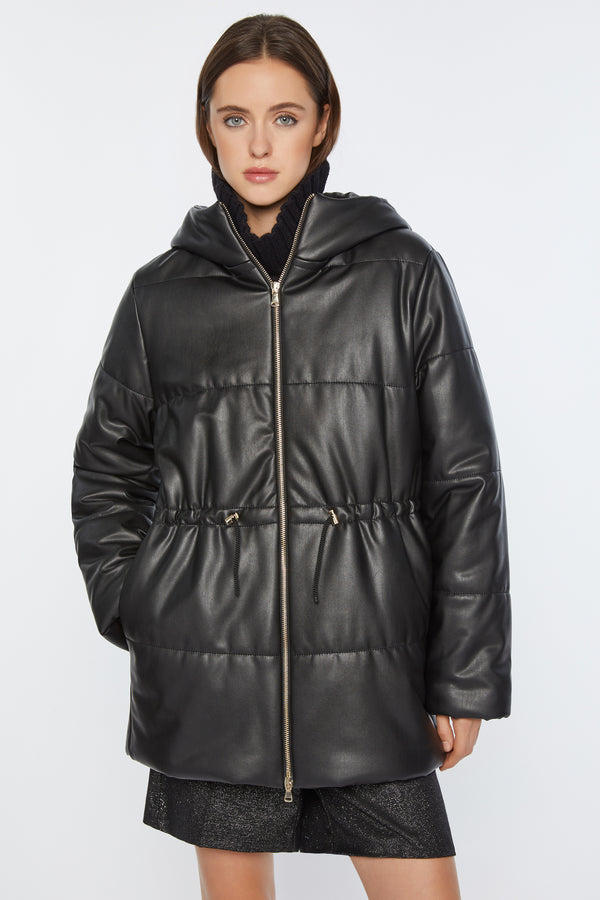 HOODED FAUX LEATHER PADDED COAT WITH DRAWSTRING