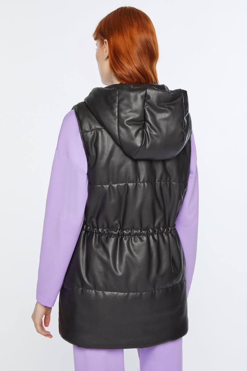 HOODED FAUX LEATHER VEST WITH DRAWSTRING