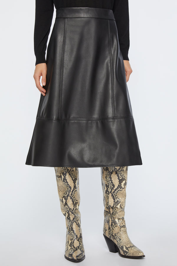 FAUX LEATHER FLARED SKIRT WITH SYMMETRICAL SEAMS