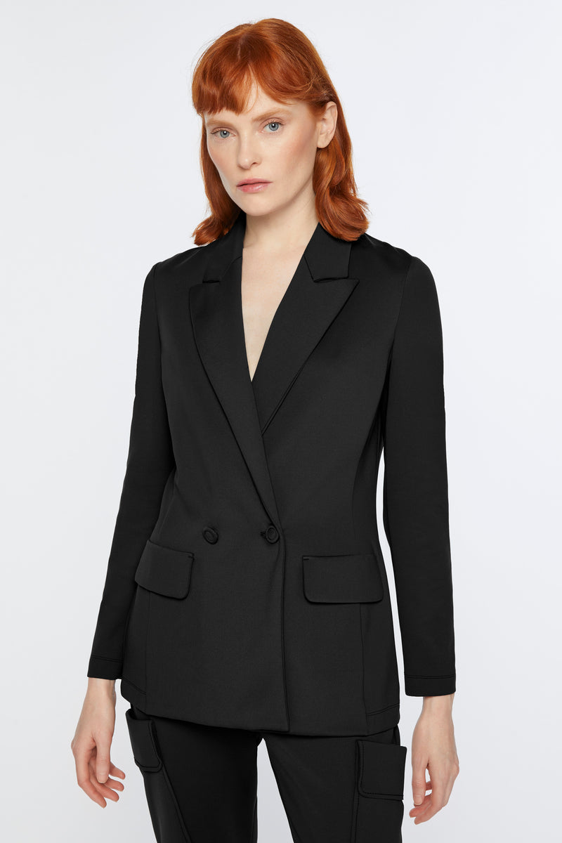 DOUBLE-BREASTED BLAZER IN ENGINEERED STRETCH JERSEY WITH COATED BUTTONS