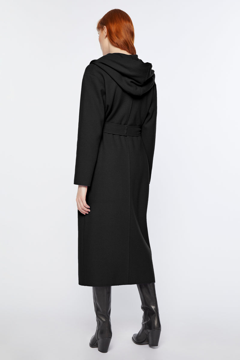 LONG ROBE COAT IN MOUFLON WOOL WITH OVERSIZE SHAWL COLLAR AND HOOD