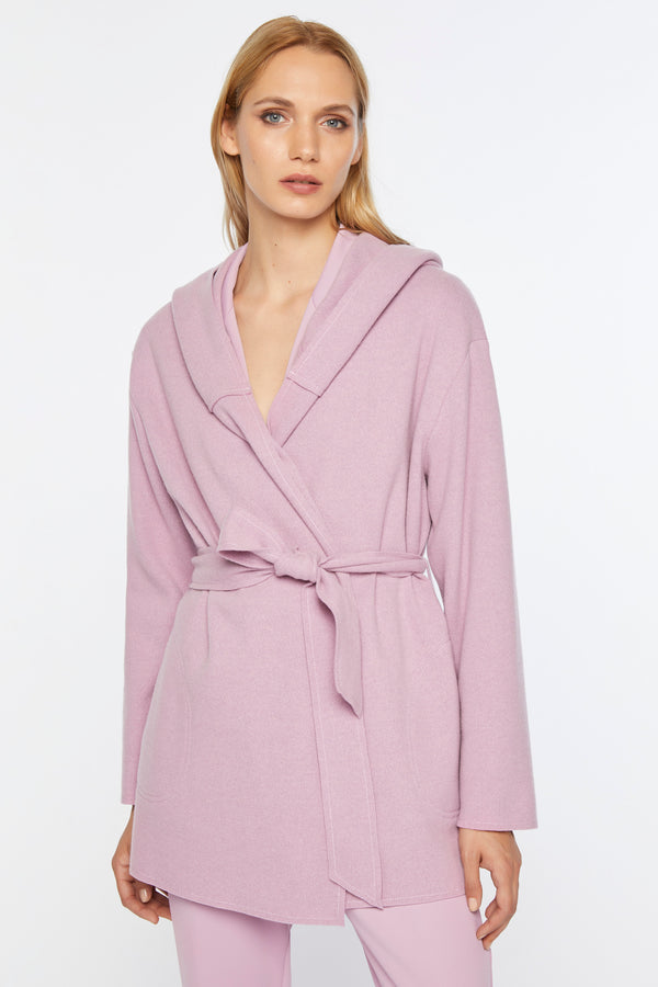 SHORT ROBE COAT IN MOUFLON WOOL WITH OVERSIZE SHAWL COLLAR AND HOOD