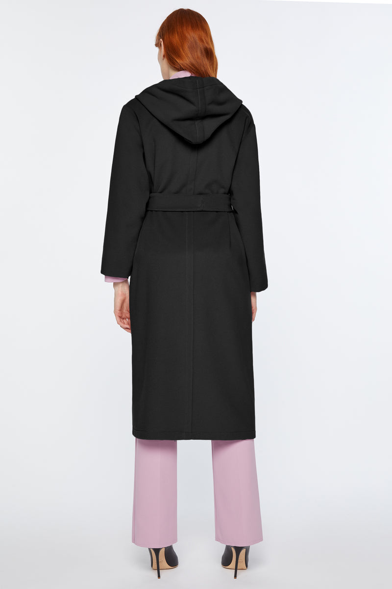 LONG ROBE COAT IN CASHMERE WOOL CLOTH WITH OVERSIZE SHAWL COLLAR AND HOOD