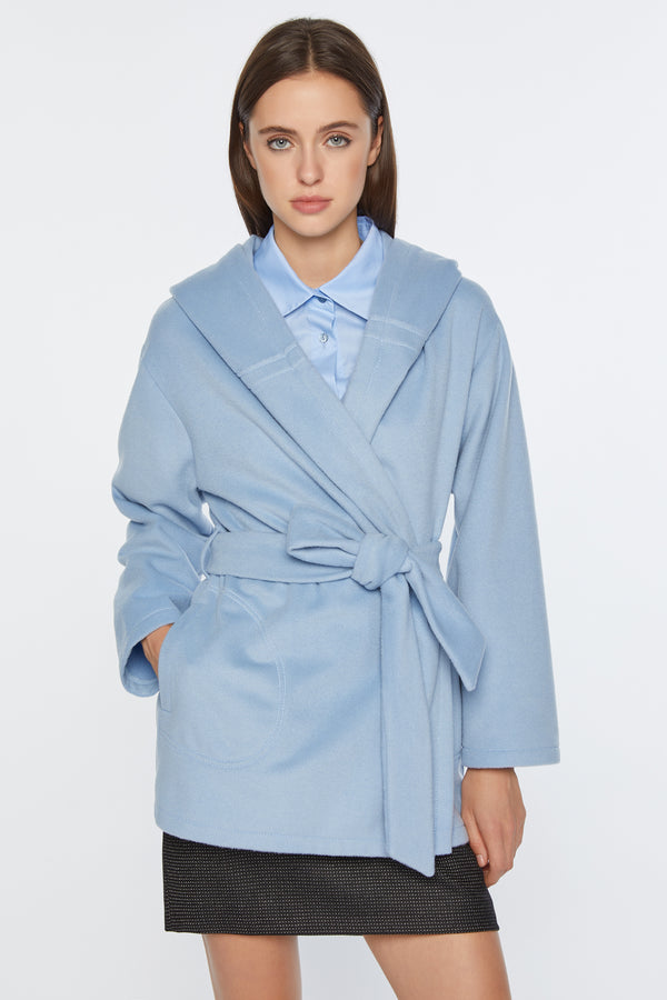 SHORT ROBE COAT IN CASHMERE WOOL CLOTH WITH OVERSIZE SHAWL COLLAR AND HOOD