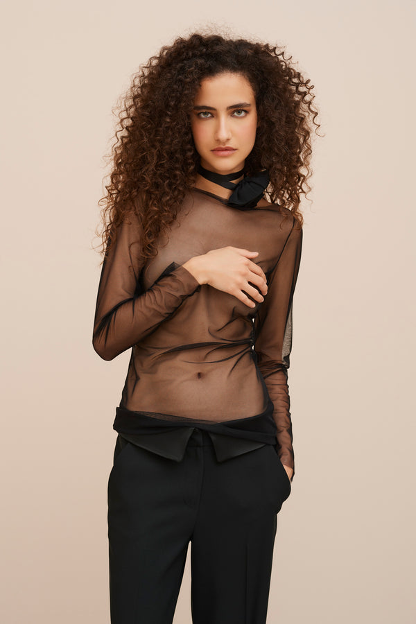 TULLE TOP WITH RUCHED LONG SLEEVES 