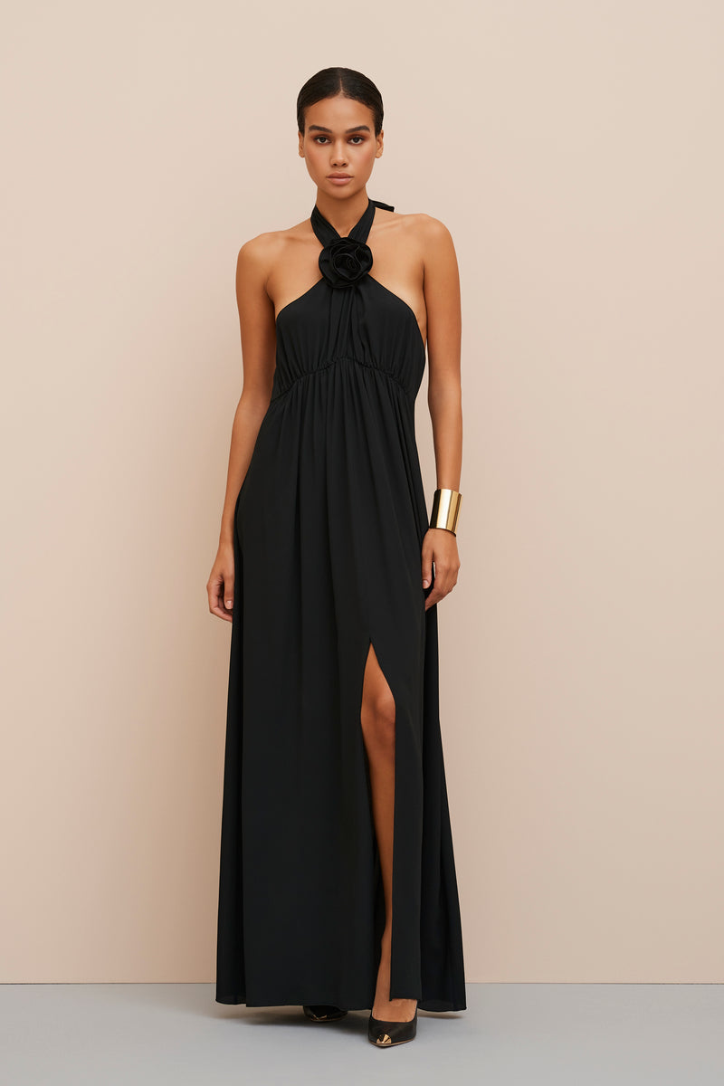 LONG DRESS IN CREPE DE CHINE WITH TWISTED NECKLINE AND FLOWER 