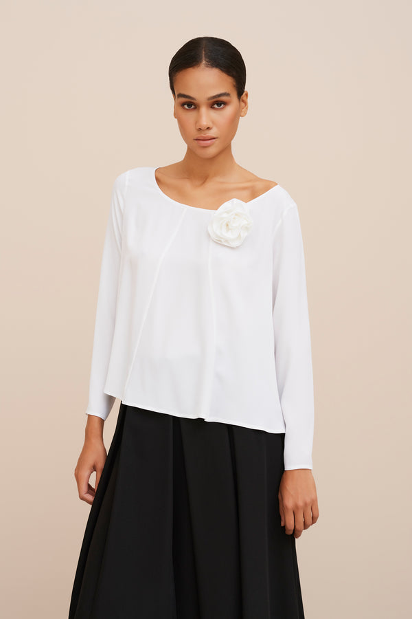 SWEATER IN CREPE DE CHINE WITH SCOOP NECK AND FLOWER