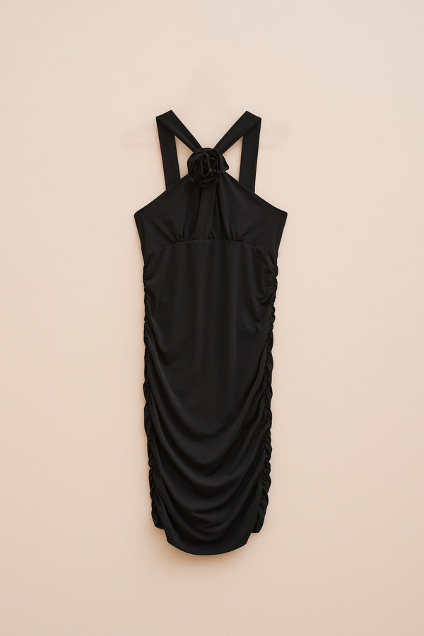 HALTER-NECK GATHERED DRESS IN STRETCHY JERSEY CREPE 