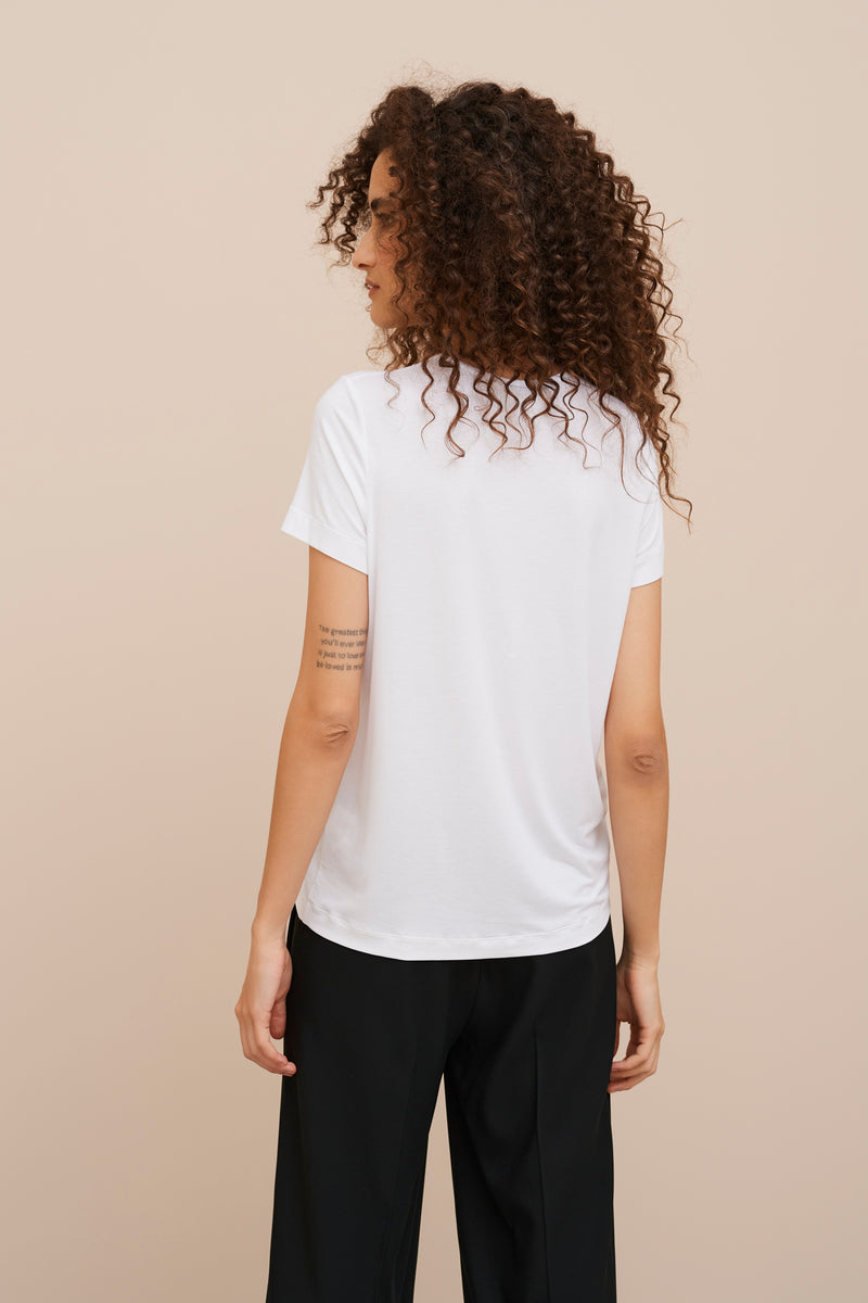 T-SHIRT IN LIGHT STRETCHY VISCOSE JERSEY WITH "GINEVRA" PRINT