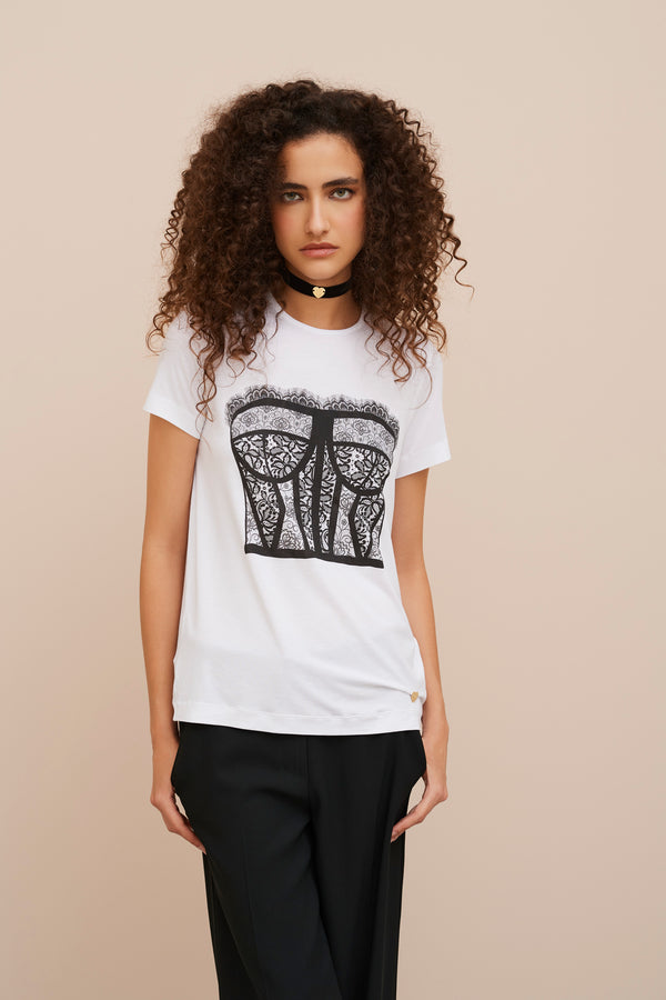 T-SHIRT IN LIGHT STRETCHY VISCOSE JERSEY WITH CORSET PRINT