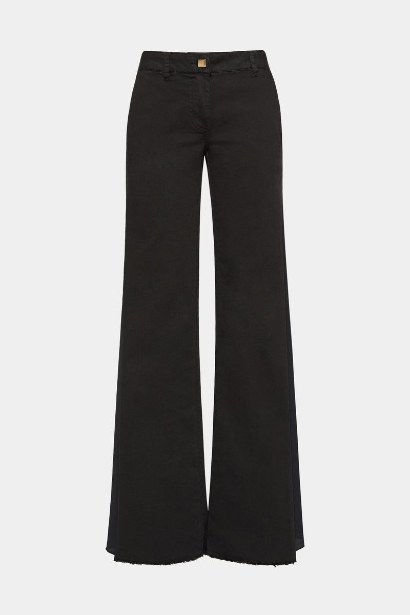 FLARED JEANS IN STRETCH COTTON GABARDINE WITH CRÊPE DE CHINE EMBELLISHMENTS ON THE SIDES 