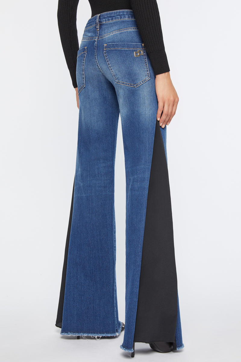 FLARED JEANS IN MEDIUM-WASH STRETCH DENIM WITH CRÊPE DE CHINE EMBELLISHMENTS ON THE SIDES