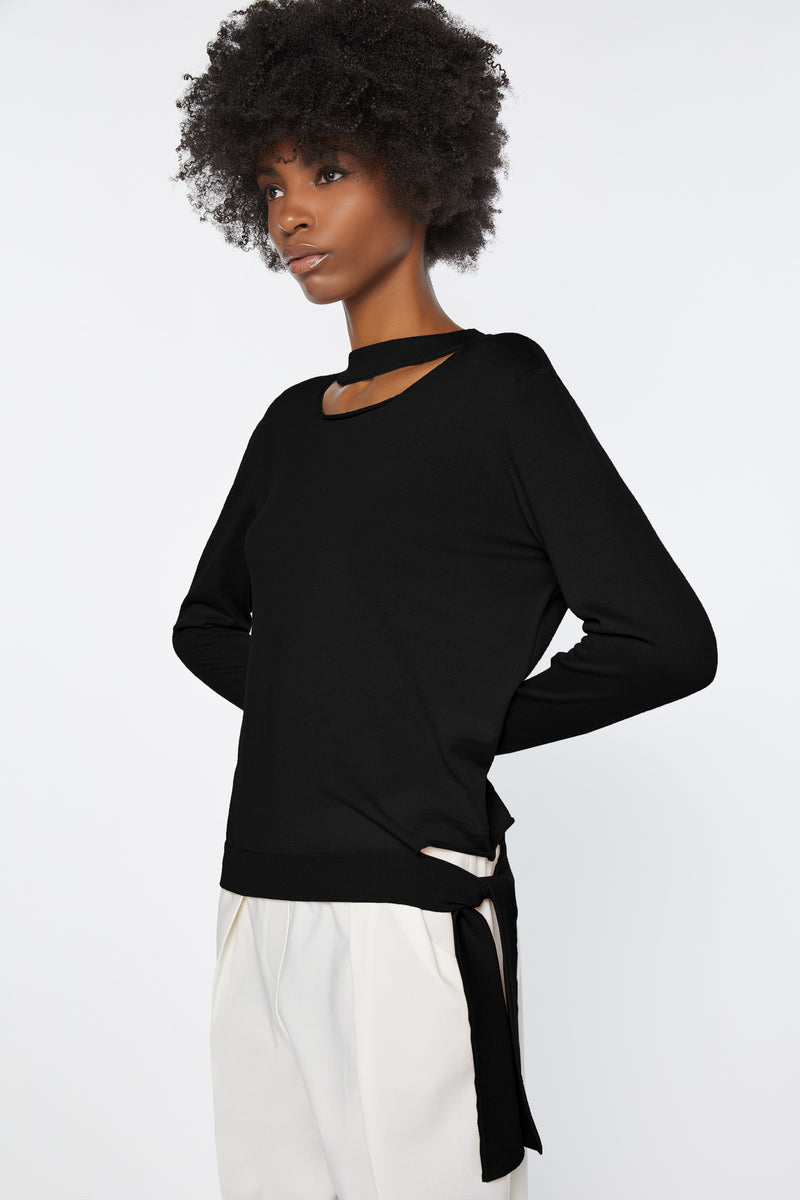 SWEATER IN MERINO WOOL WITH CUT-OUT DETAILS AND TIE-UP HEMS
