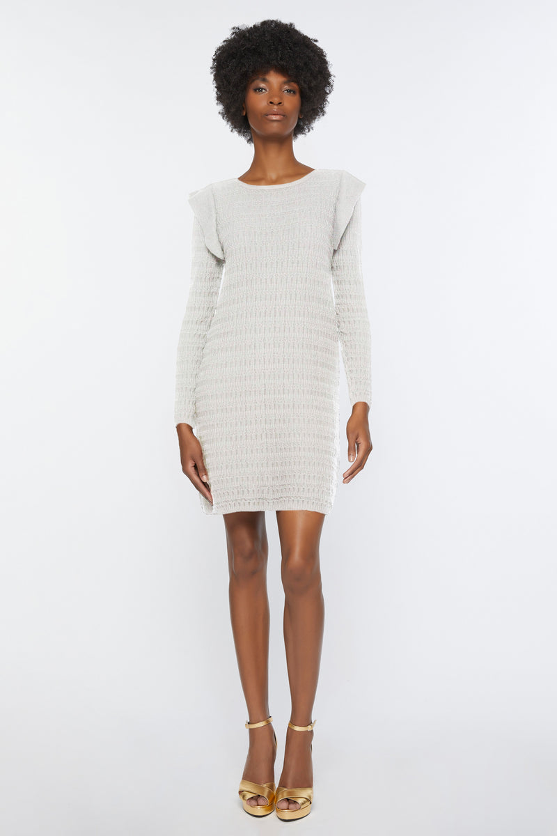STRETCHY KNIT DRESS WITH FLOUNCES ON THE SHOULDERS