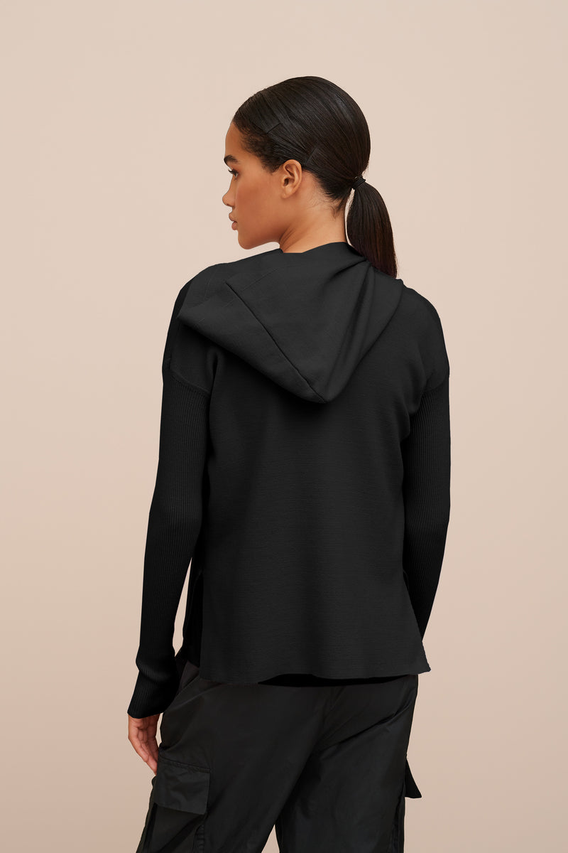 STRETCHY DOUBLE-BREASTED CARDIGAN WITH HOOD