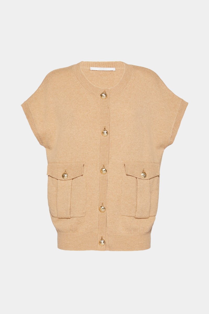 SHORT-SLEEVED VEST IN CHUNKY WOOL AND CASHMERE WITH BUTTONS AND POCKETS