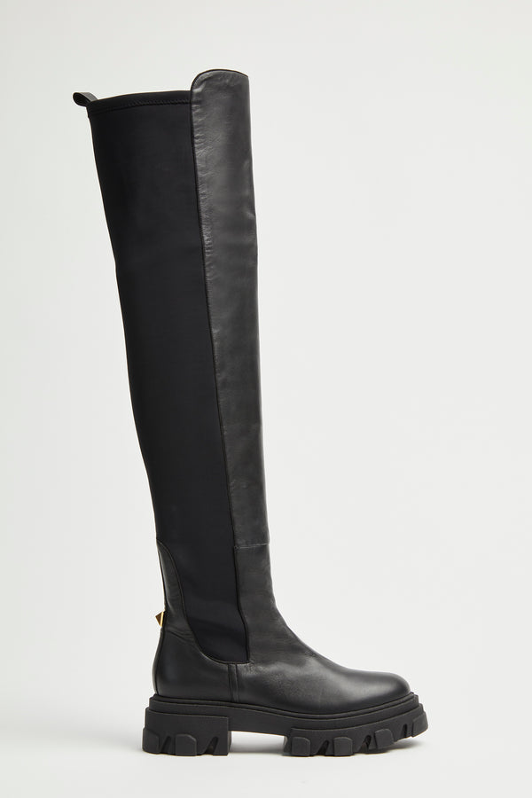 OVER-THE-KNEE LEATHER BOOTS WITH ELASTICATED PANELS AND CHUNKY SOLES 