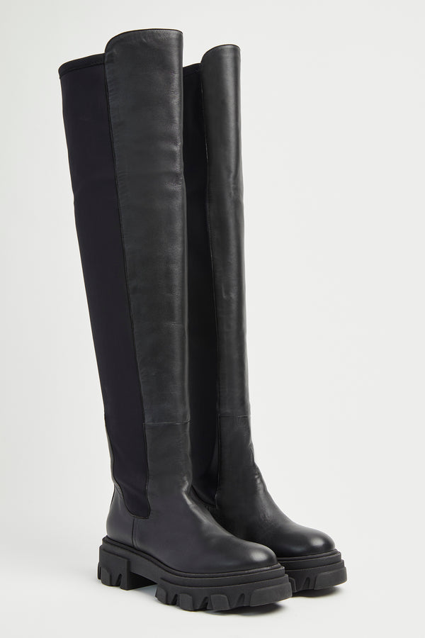 OVER-THE-KNEE LEATHER BOOTS WITH ELASTICATED PANELS AND CHUNKY SOLES 