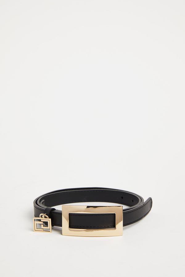 LEATHER BUCKLE BELT WITH GOLD CG CHARM