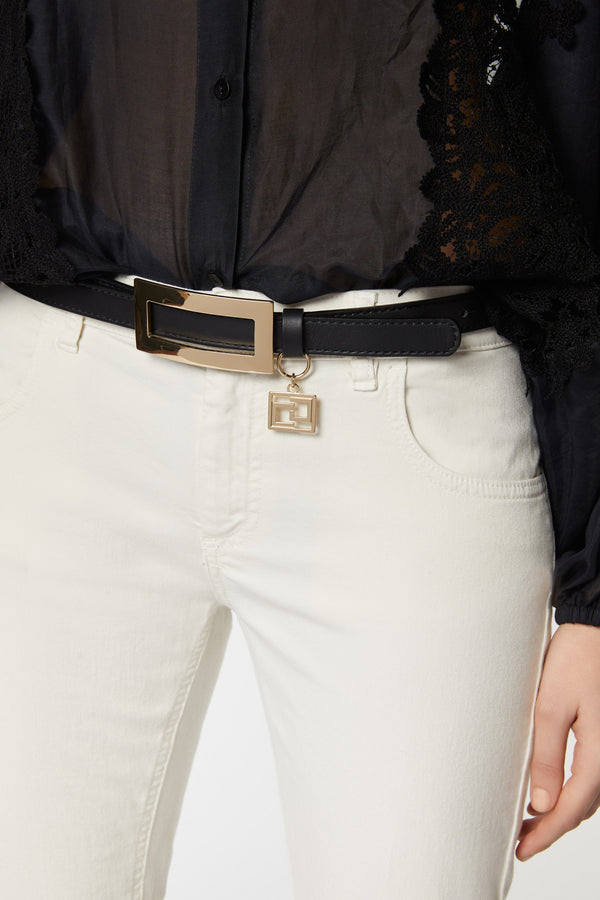LEATHER BUCKLE BELT WITH GOLD CG CHARM