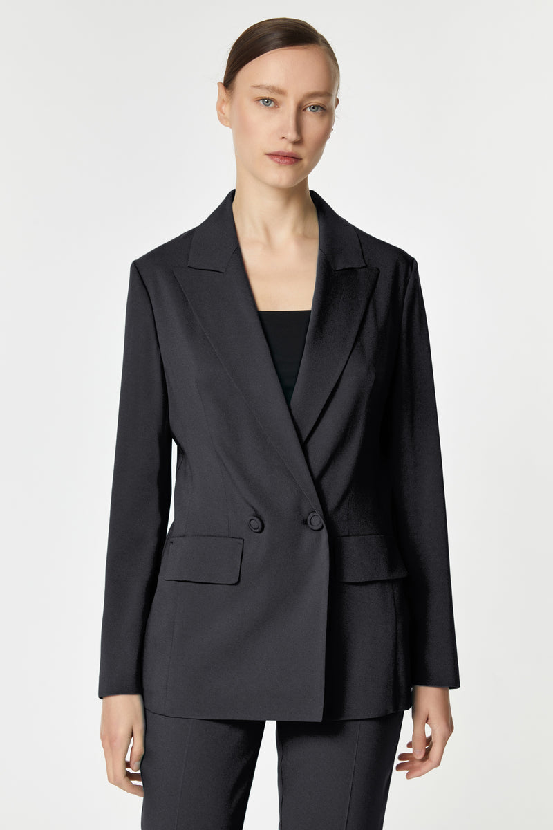 DOUBLE-BREASTED BLAZER IN STRETCHY VISCOSE CREPE WITH FABRIC-COATED BUTTONS