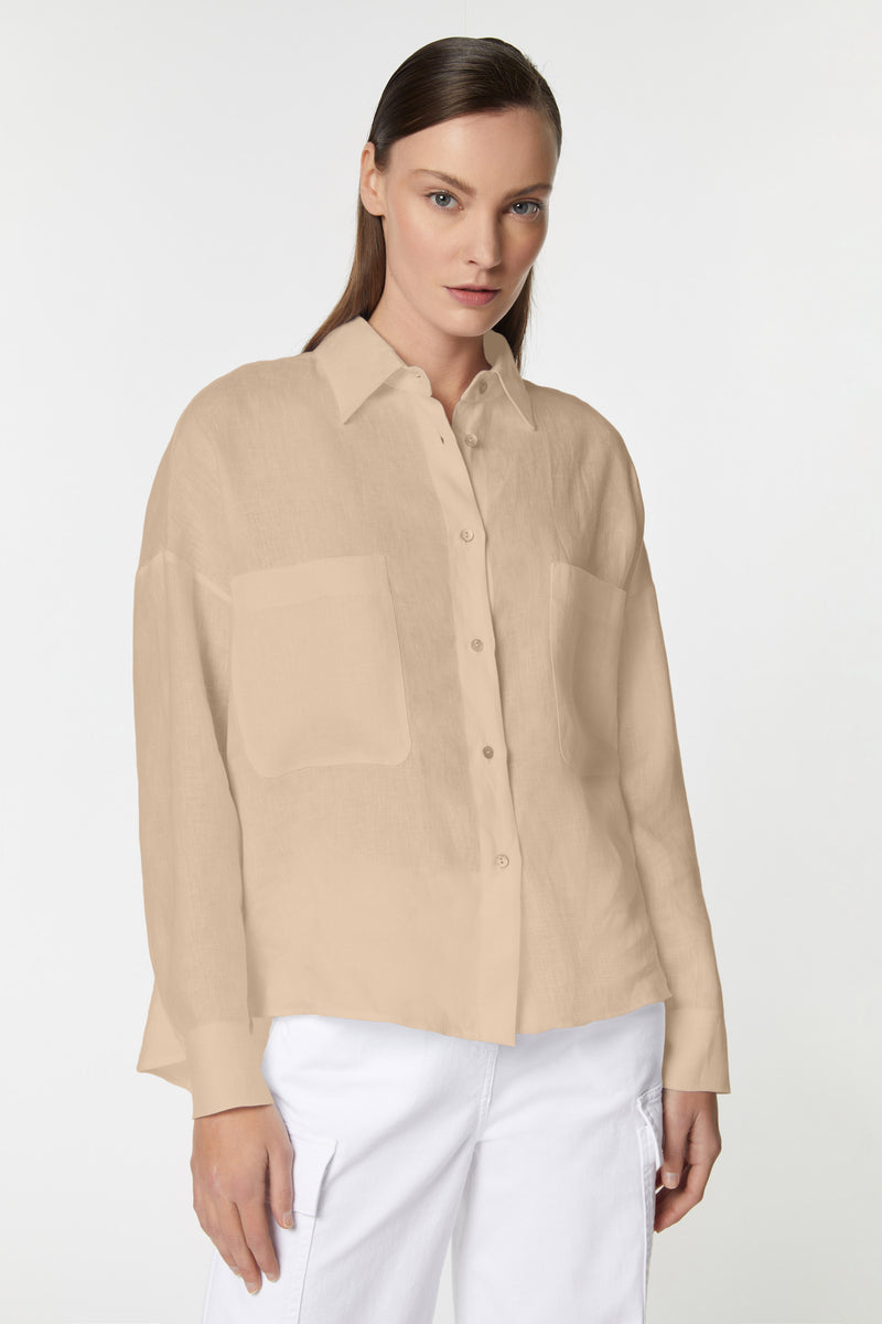 LINEN SHIRT WITH DOUBLE FRONT POCKETS AND MOCK CUFFS 