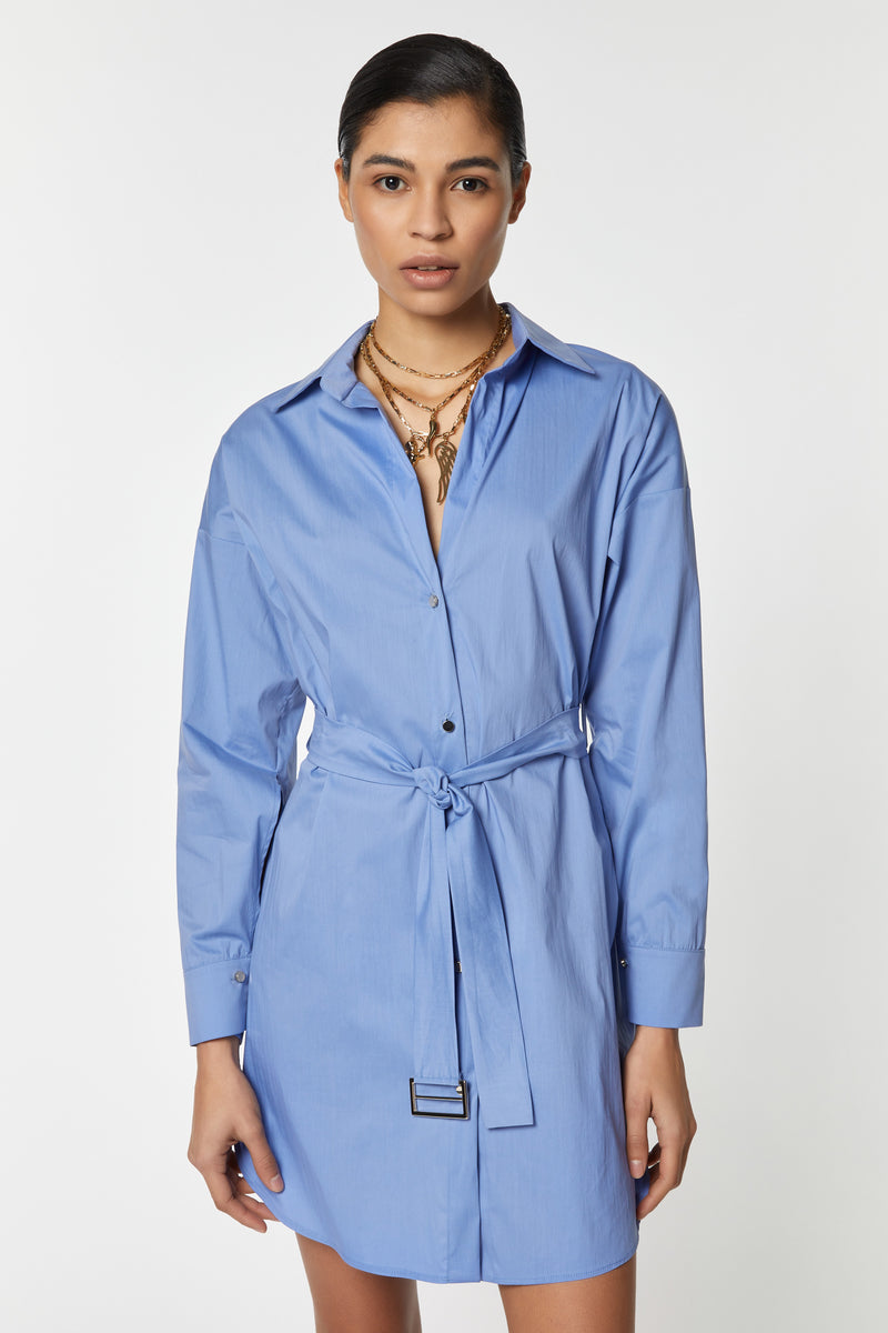 SHIRT DRESS IN STRETCHY POPLIN WITH METAL BUTTONS AND A BUCKLED BELT