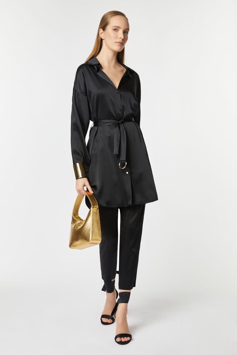 SHIRT DRESS IN STRETCHY SATIN WITH BUTTONS AND A HALF-RING BUCKLED BELT