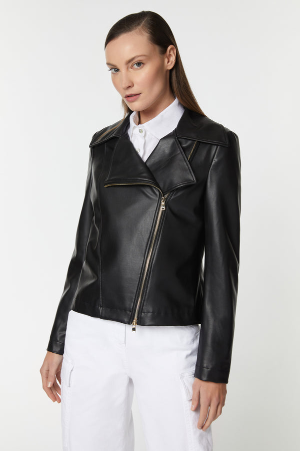 FAUX LEATHER BIKER JACKET WITH EXPOSED ZIPPERS