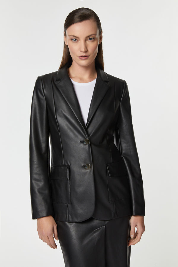 FAUX LEATHER SINGLE-BREASTED TAILORED BLAZER WITH GOLD BUTTONS