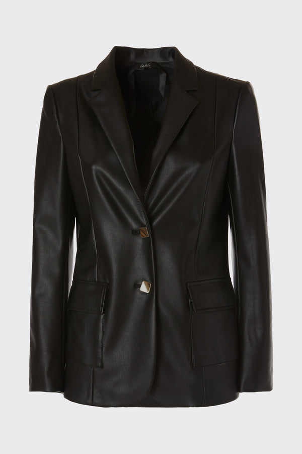 FAUX LEATHER SINGLE-BREASTED TAILORED BLAZER WITH GOLD BUTTONS