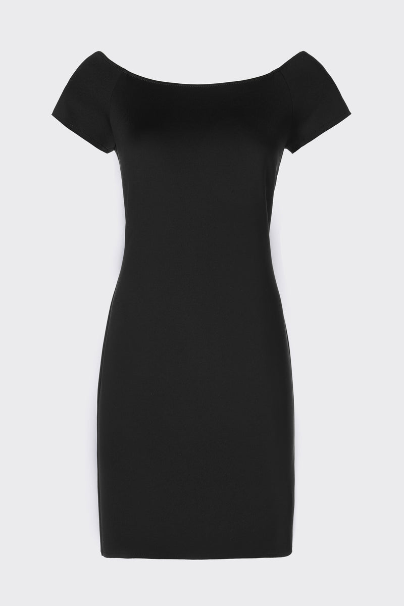 OFF-SHOULDER SHORT-SLEEVED PENCIL DRESS IN STRETCHY TECHNICAL JERSEY