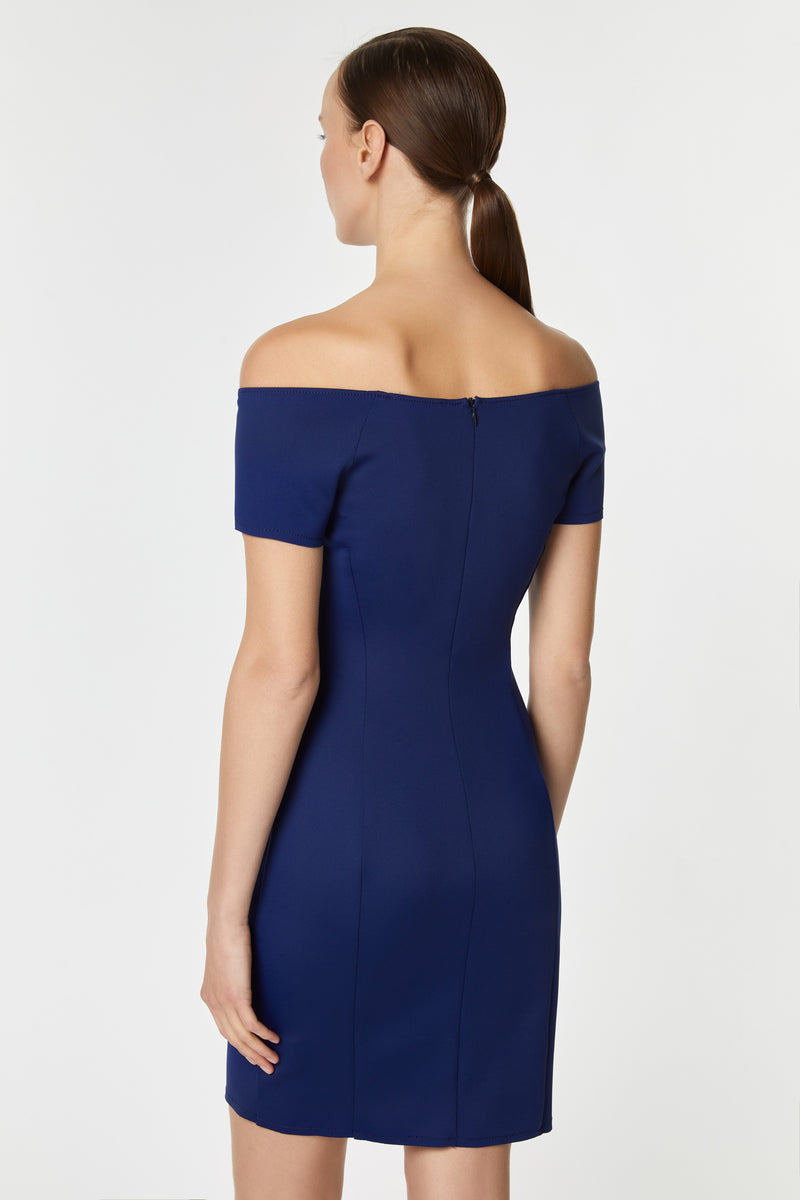 OFF-SHOULDER SHORT-SLEEVED PENCIL DRESS IN STRETCHY TECHNICAL JERSEY