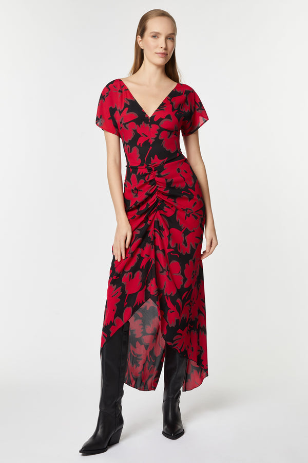 LONG FLORAL VISCOSE DRESS WITH DRAPED SKIRT
